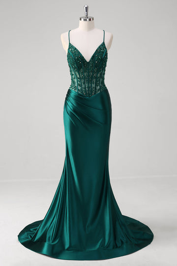 Dark Green Mermaid Pleated Sequin Corset Long Prom Dress With Lace Up Back